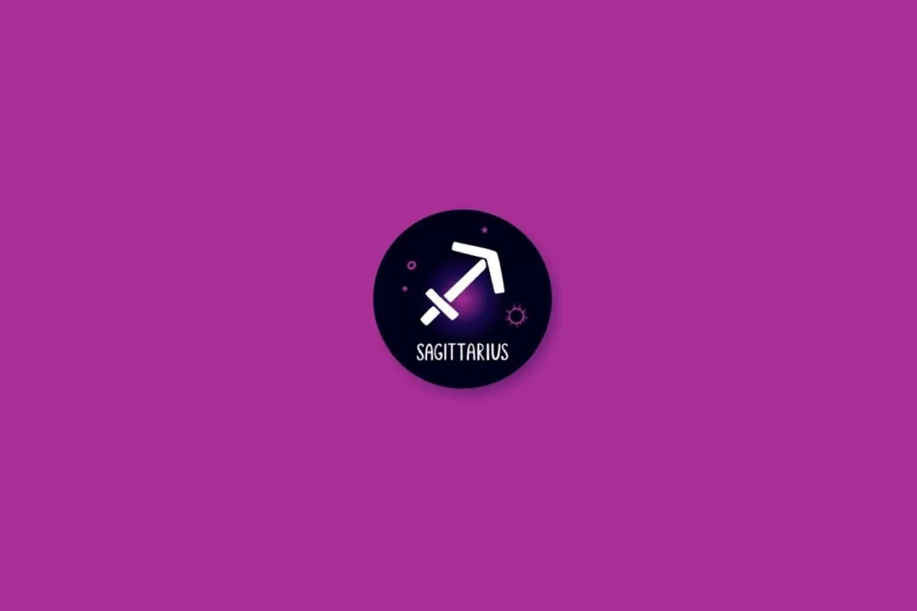 Ilustração de um círculo preto com o símbolo de sagitário dentro, com estrelas roxas, sobre um fundo roxo