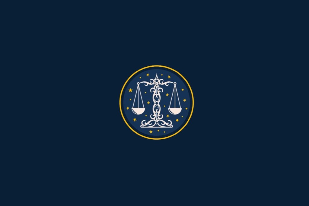 Ilustração do signo de Libra em amarelo sobre um fundo azul