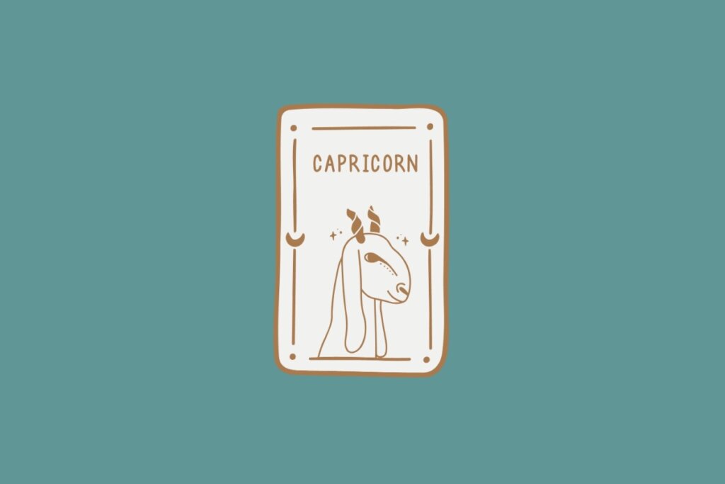 Ilustração do signo de Capricórnio, em fundo verde-azulado, contendo a cabeça de uma cabra com chifres curvos, focinho alongado e detalhes em linhas suaves