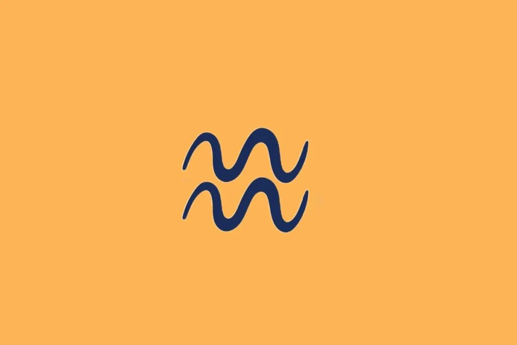 Ilustração do signo de Aquário, em fundo alaranjado, com duas linhas onduladas paralelas na cor azul-marinho