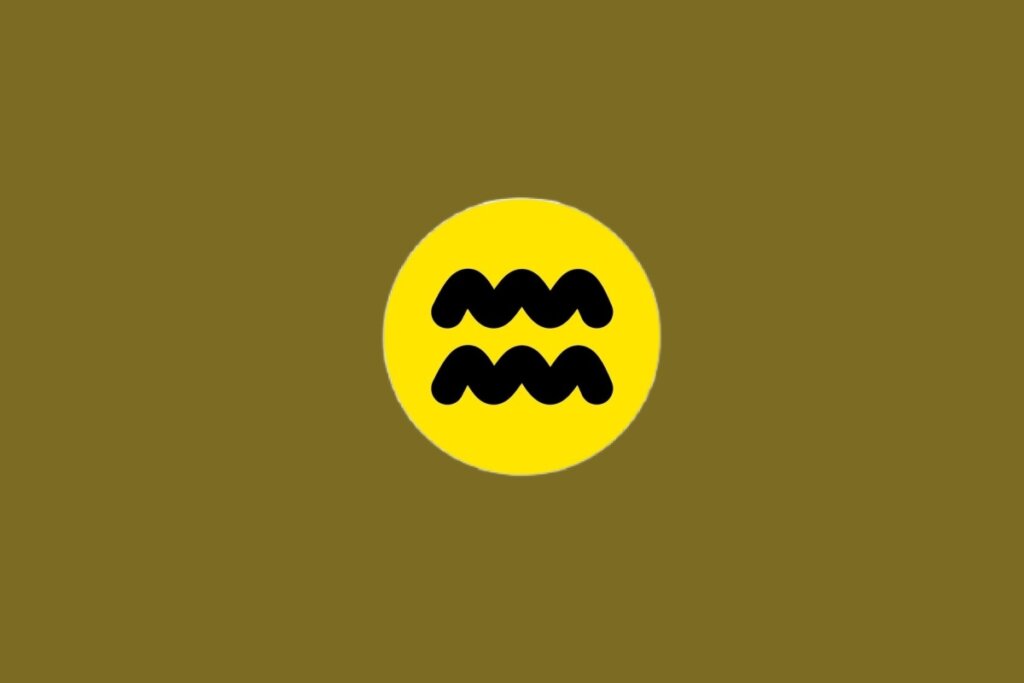 Ilustração do signo de Aquário, contendo duas linhas onduladas pretas paralelas, em círculo amarelo, em um fundo marrom 