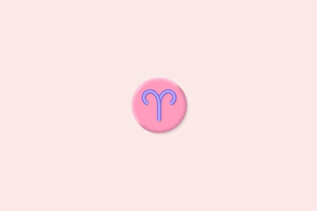 Ilustração do símbolo astrológico de Áries, representado por dois traços curvos superiores que lembram os chifres de um carneiro, conectados a um traço central, sobre um fundo rosa