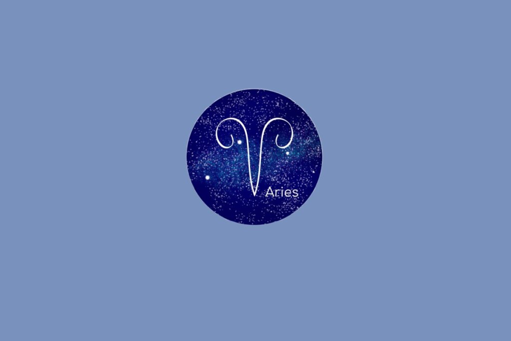 Ilustração do signo de Áries contendo o símbolo estilizado de um carneiro com traços curvos em fundo azul