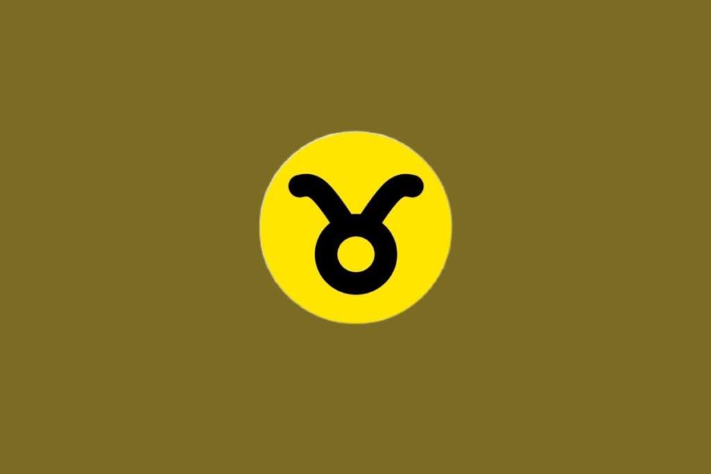 Ilustração do signo de Touro, contendo glifo preto com círculo e dois chifres no topo, em círculo amarelo, em um fundo marrom