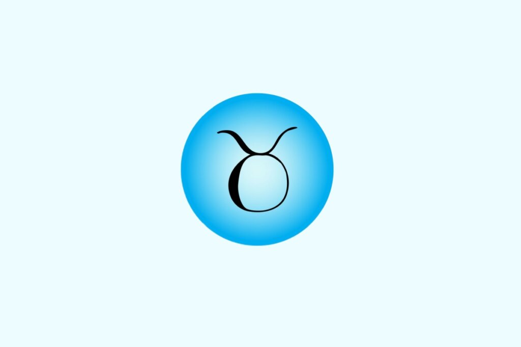 Ilustração do signo de Touro contendo o símbolo de um círculo com duas curvas na parte superior, representando chifres, em fundo azul-claro