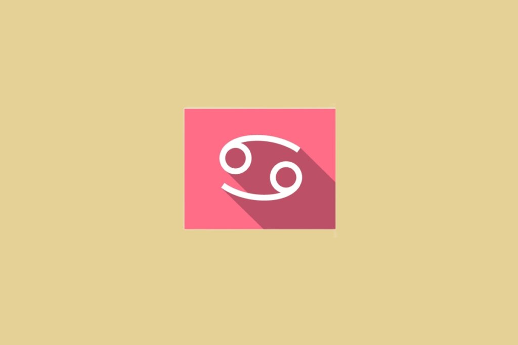 Ilustração do signo de Câncer, dentro de um quadrado rosa, em fundo amarelo-mostarda, com símbolo representando dois círculos conectados por linhas curvas, lembrando pinças