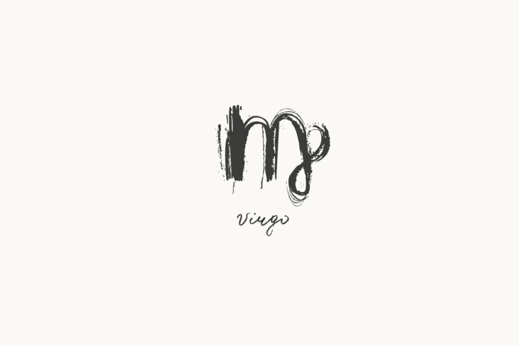 Ilustração do signo de Virgem, com traços curvados e sobrepostos lembrando um “M” estilizado com curva à direita, em fundo claro