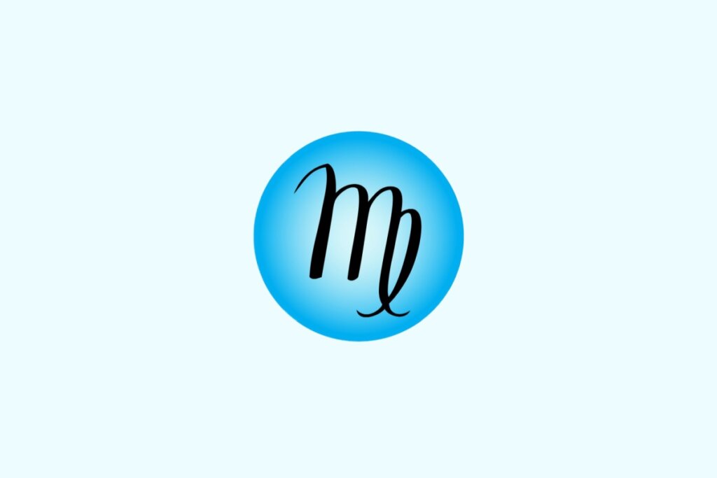 Ilustração do signo de Virgem contendo o símbolo semelhante à letra “m” com uma das hastes finalizada em curva fechada, em fundo azul-claro