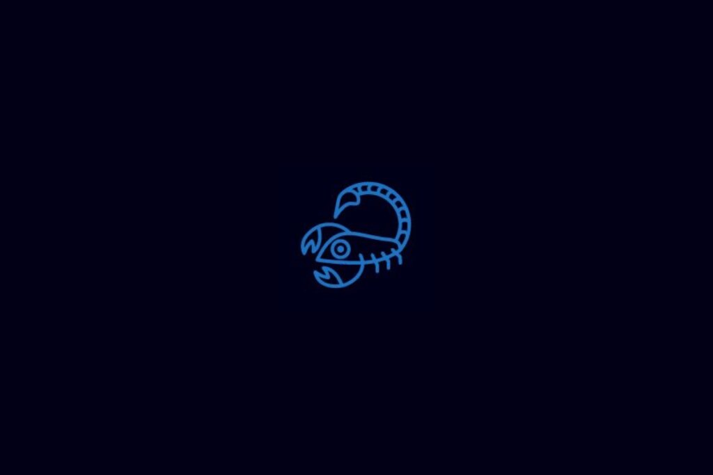 ilustração de um escorpião azul representando o signo de escorpião sobre fundo azul-escuro