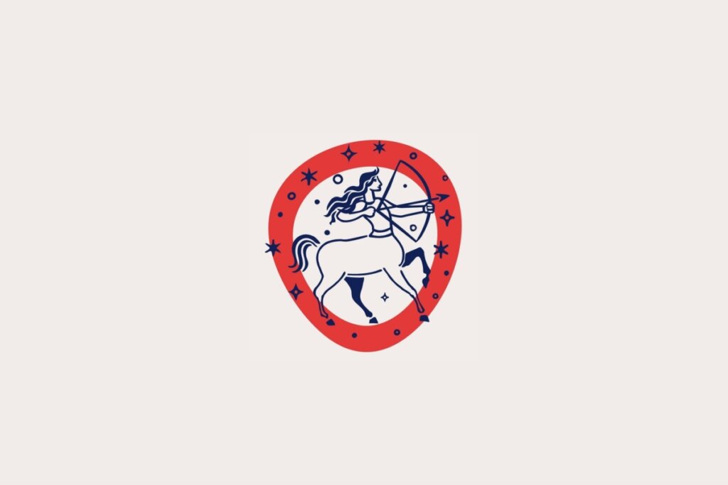 Ilustração do signo de Sagitário, em fundo bege-claro, contendo um centauro arqueiro puxando o arco dentro de uma moldura vermelha