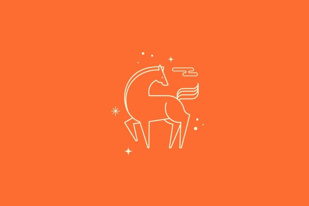 Ilustração minimalista em linhas claras de um cavalo em pé com uma crina estilizada, sobre um fundo laranja vibrante. Pequenas estrelas e brilhos adornam a cena.
