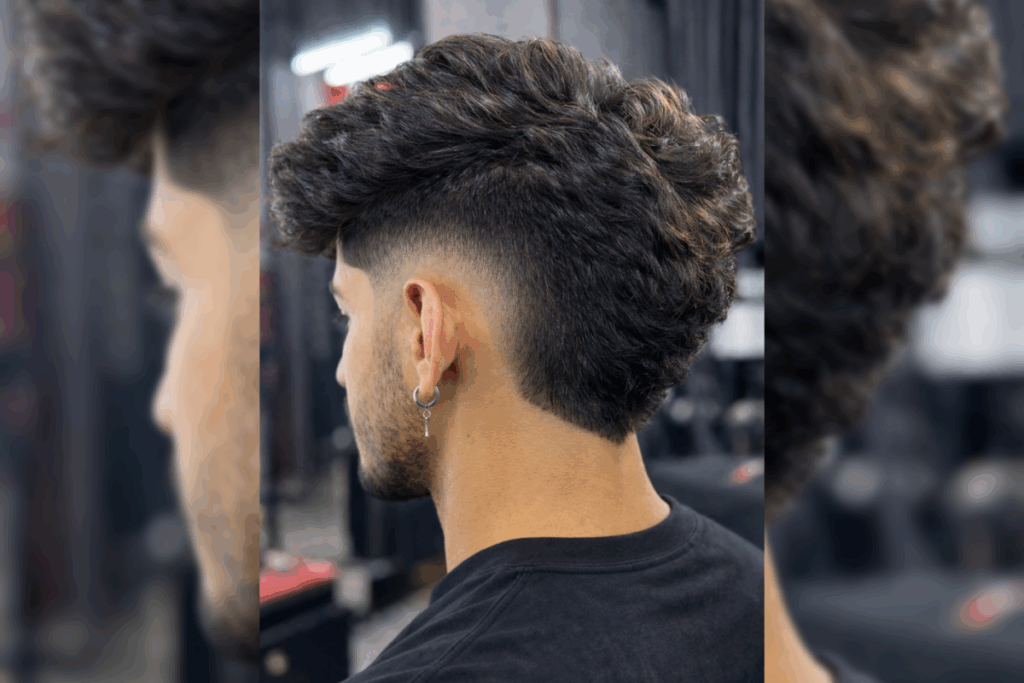 Homem visto de costas com moicano volumoso no topo e laterais em fade