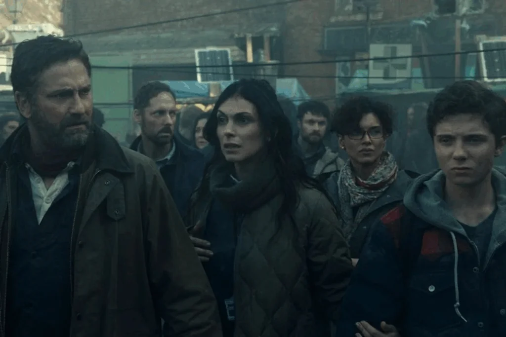 Em um cenário apocalíptico e enevoado, um grupo de pessoas caminha com expressões de tensão e preocupação. Em primeiro plano, à esquerda, o ator Gerard Butler veste uma jaqueta marrom e encara algo fora do campo de visão. Ao centro, a atriz Morena Baccarin usa um casaco acolchoado verde e aparenta estar em alerta. À direita, um jovem de capuz observa a situação com seriedade. O fundo mostra estruturas improvisadas e uma luz fria e acinzentada.