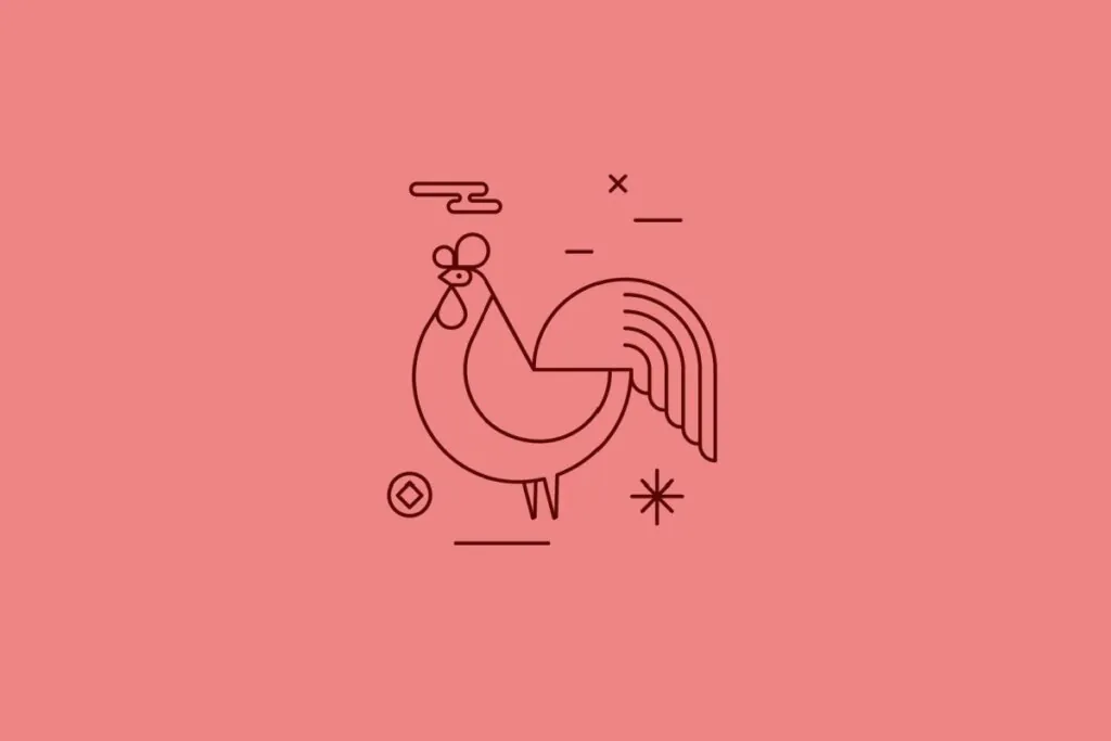Ilustração minimalista em linhas marrons de um galo com cauda em leque e crista definida, sobre um fundo rosa salmão. Símbolos de moedas e estrelas completam o design.