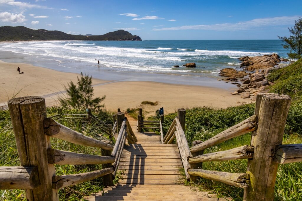 Vista panorâmica da Praia do Rosa, em Santa Catarina, a partir do topo de uma escadaria de madeira rústica que leva à areia. O mar azul apresenta ondas suaves e espumas brancas, cercado por morros verdes ao fundo. À direita, há uma formação de pedras à beira-mar. O dia está ensolarado com poucas nuvens e a vegetação rasteira ladeia o caminho de descida.