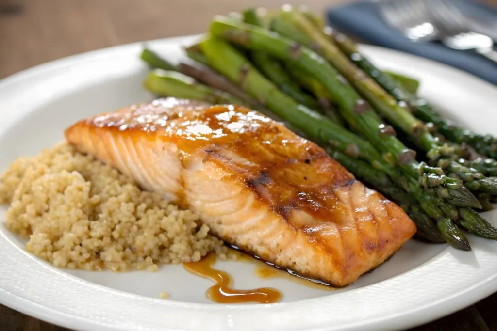 Filé de salmão grelhado com molho, servido com quinoa e aspargos verdes em prato branco