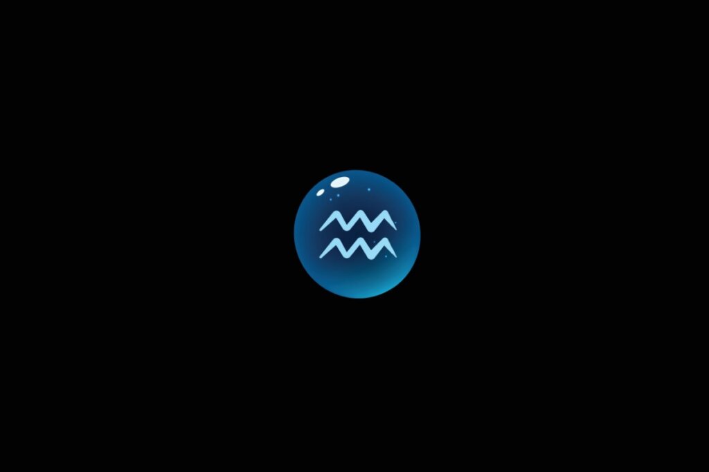 Ilustração do signo de aquário dentro de uma bolha azul sobre um fundo preto