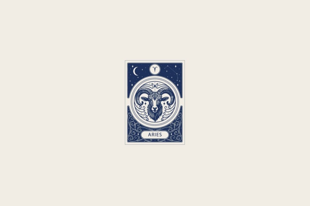 Ilustração do signo de Áries em azul dentro de uma carta e com fundo bege-claro
