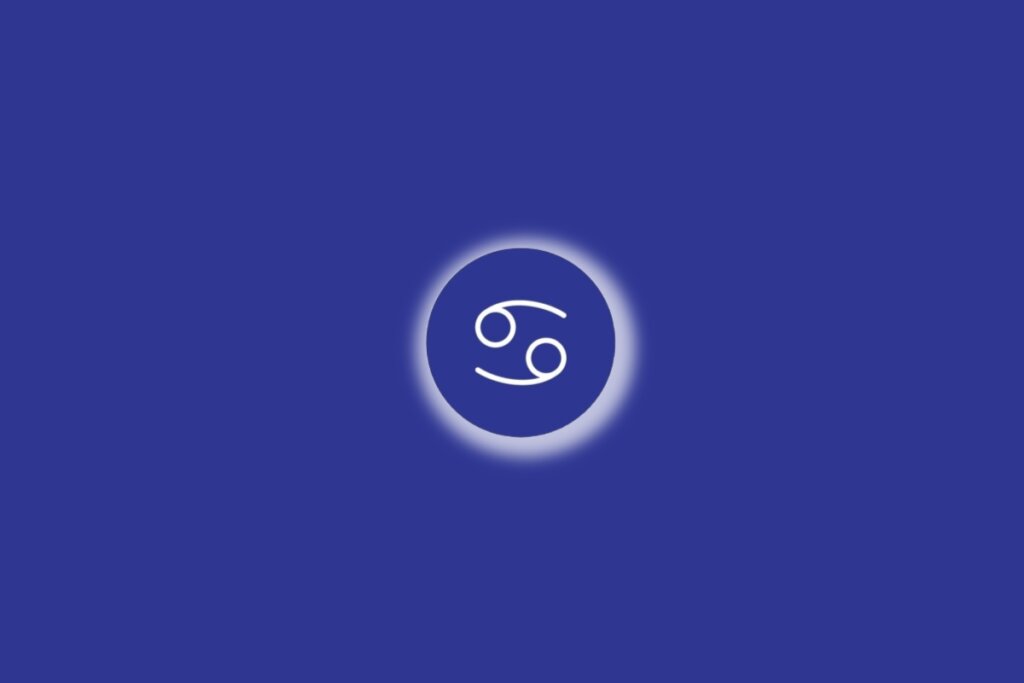 Ilustração do signo de câncer em um círculo azul, com luz branca ao redor, sobre um fundo azul