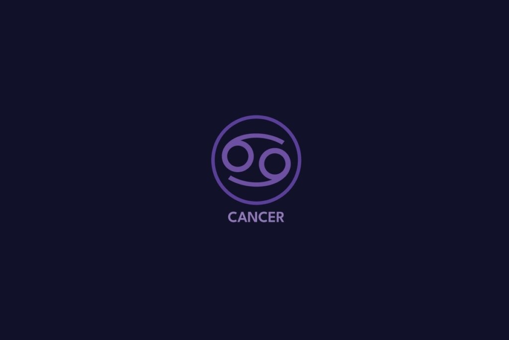 Ilustração do signo de câncer na cor roxa, com círculo roxo ao redor e o nome do signo abaixo, sobre um fundo roxo