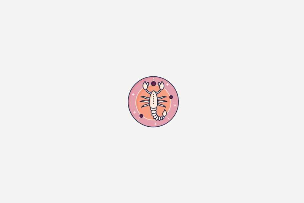 Ilustração de um escorpião dentro de um círculo rosa representando o signo de escorpião sobre fundo cinza