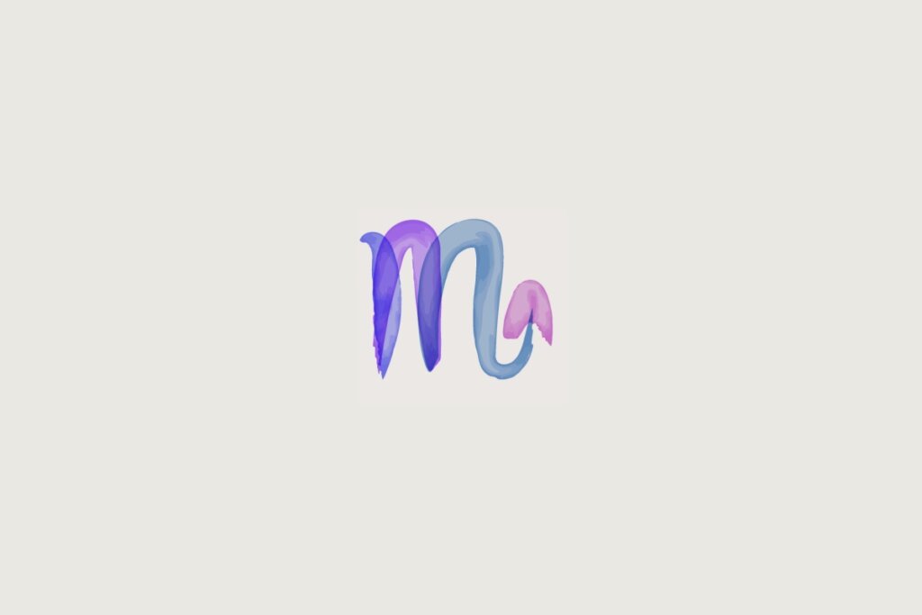 Ilustração do signo de escorpião em roxo sobre um fundo cinza