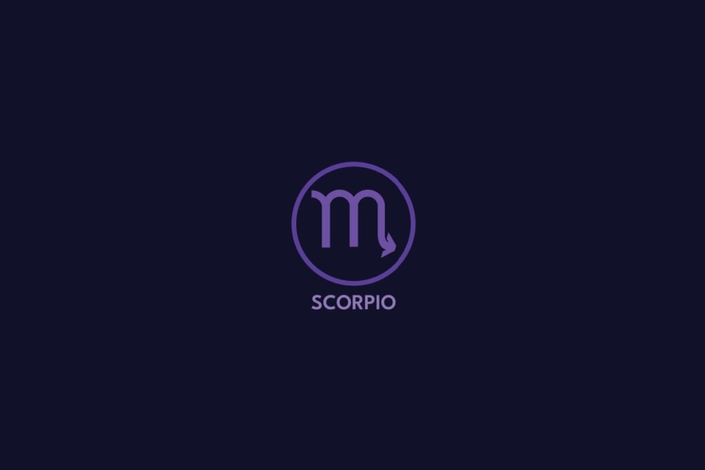 Ilustração do signo de escorpião na cor roxa, com círculo roxo ao redor e o nome do signo abaixo, sobre um fundo roxo
