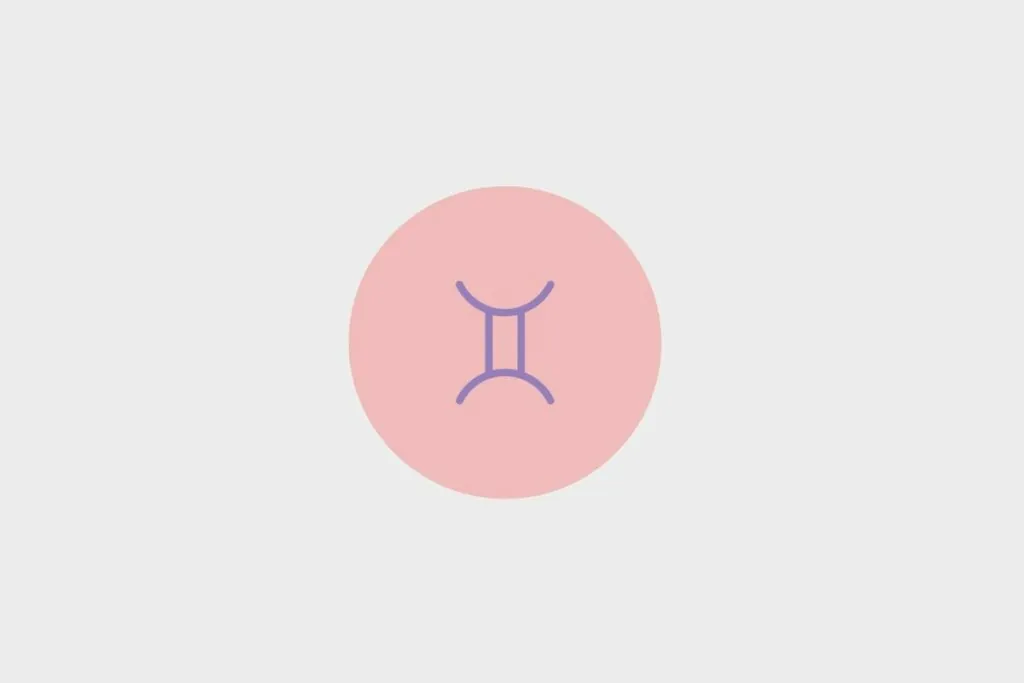 Ilustração roxa do símbolo do signo de gêmeos em círculo rosa sobre fundo cinza