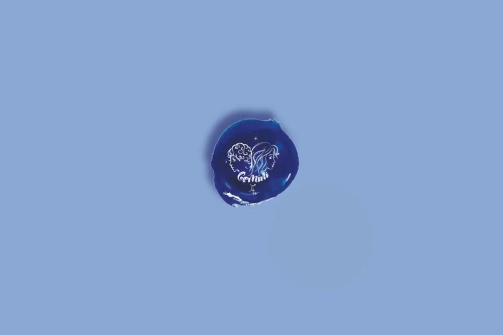 Ilustração do signo de gêmeos, dentro de um círculo azul-escuro, em um fundo azul-claro