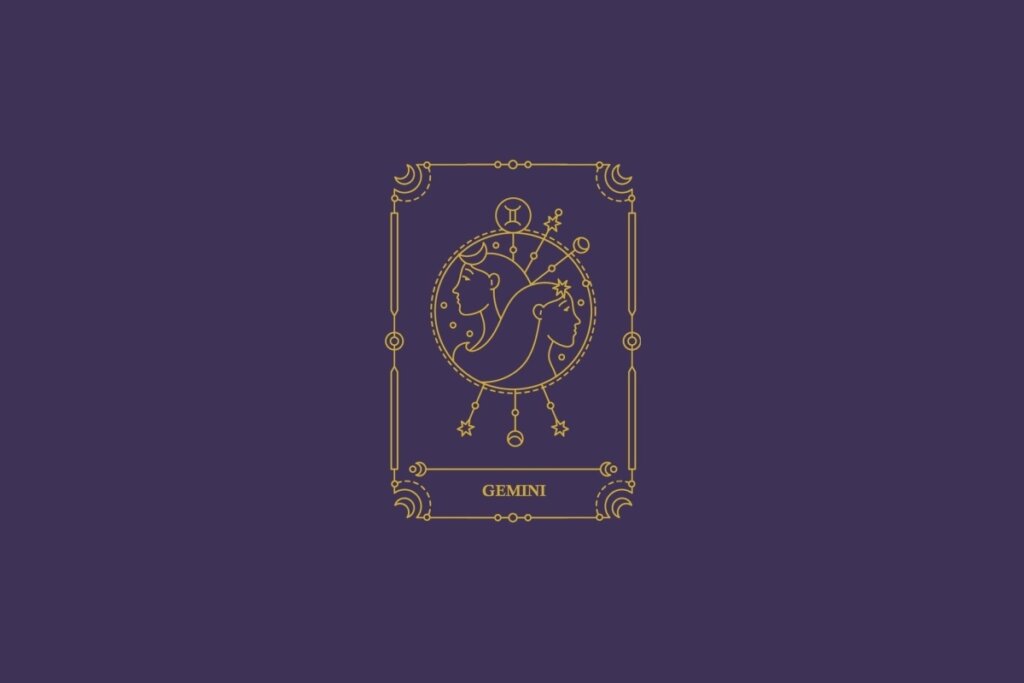 Ilustração do signo de gêmeos em dourado com detalhes na mesma cor ao redor. Fundo roxo-escuro