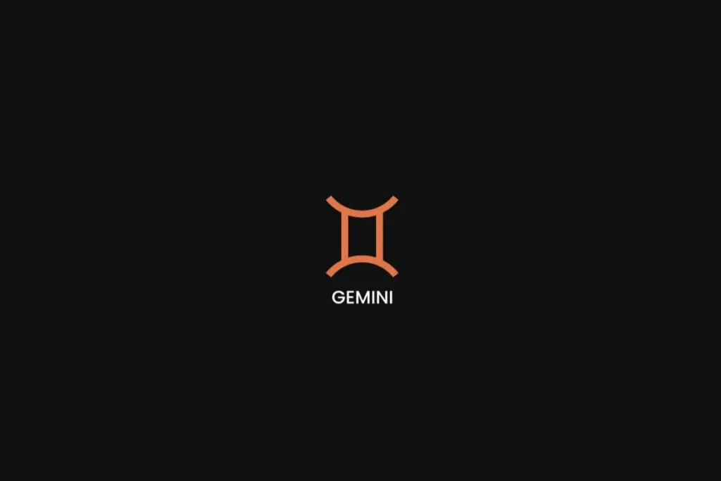 Símbolo do signo de gêmeos na cor laranja, com o nome do signo embaixo, centralizado em um fundo preto