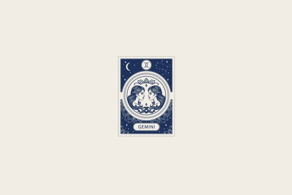 Ilustração do signo de Gêmeos em azul dentro de uma carta e com fundo bege-claro
