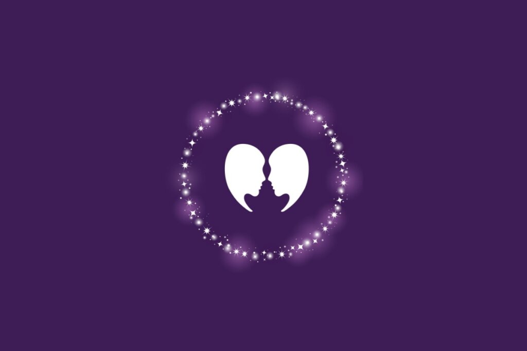 Ilustração do símbolo do signo de Gêmeos com duas faces humanas voltadas uma para a outra, rodeadas por pontos brilhantes em um fundo roxo