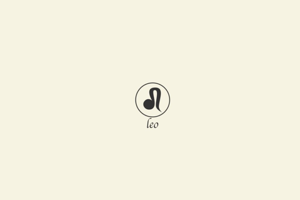 Ilustração do signo de leão na cor preta, com um círculo em volta e o nome abaixo, sobre um fundo cinza