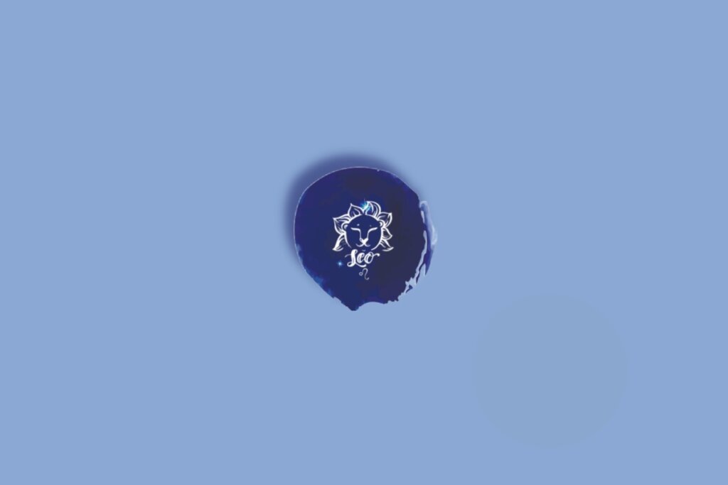 Ilustração do signo de leão, dentro de um círculo azul-escuro, em um fundo azul-claro