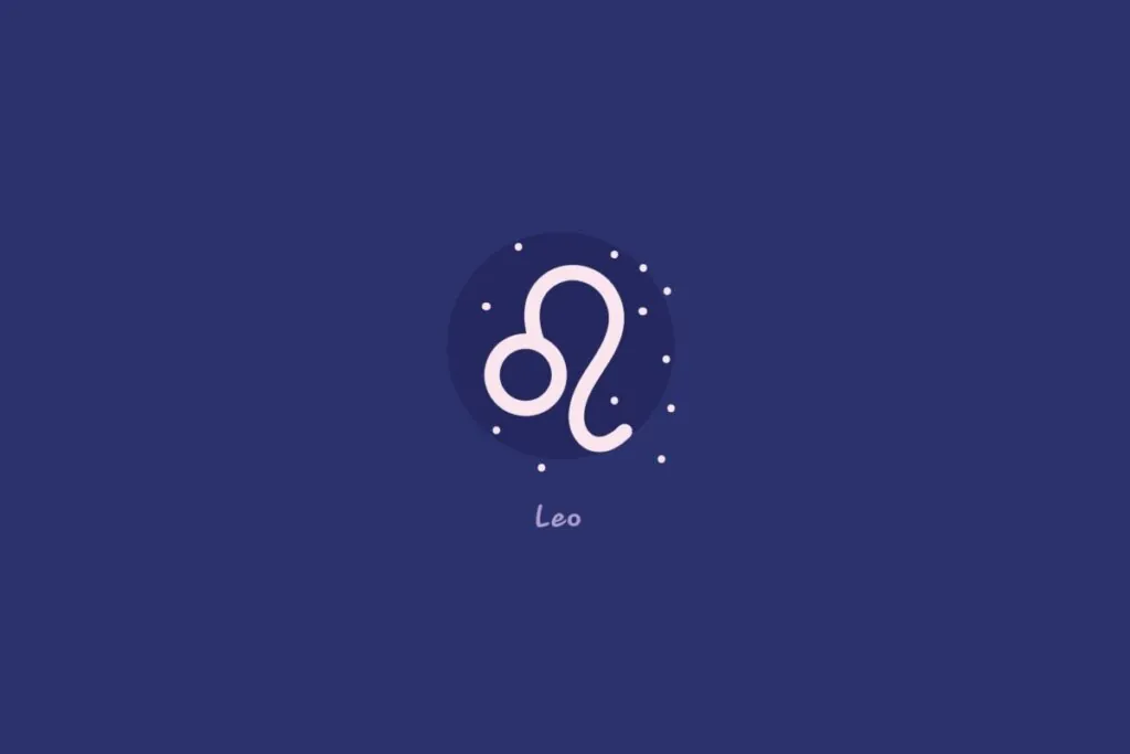 Ilustração do signo de leão em um círculo azul-escuro, rodeado por estrelas, com o nome do signo abaixo, sobre fundo azul.
