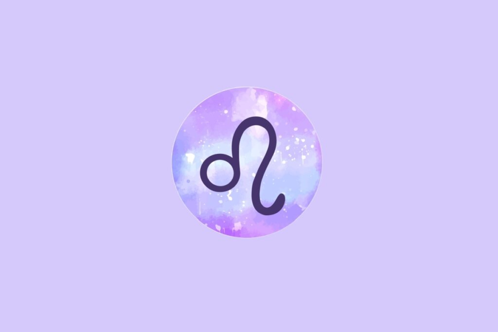 Imagem do signo de Leão, com um símbolo semelhante a um "U" estilizado com uma curva longa, sobre um fundo em tons suaves de roxo e azul