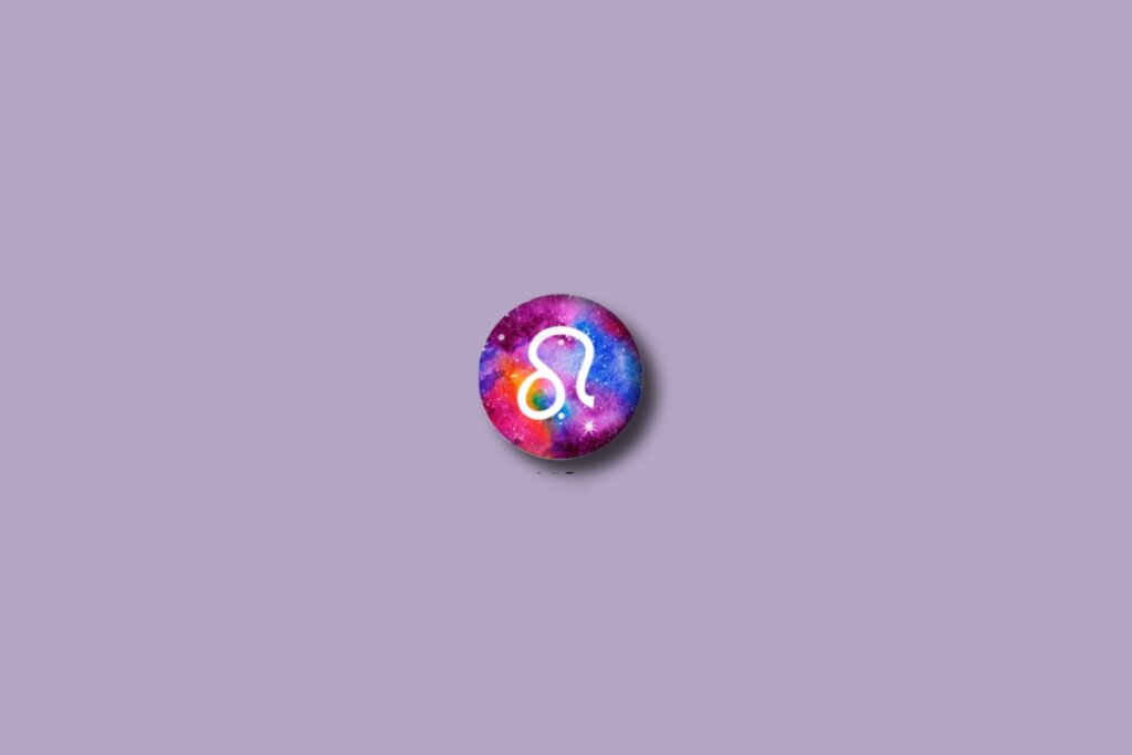 Ilustração do signo de leão em um círculo colorido e sobre um fundo lilás