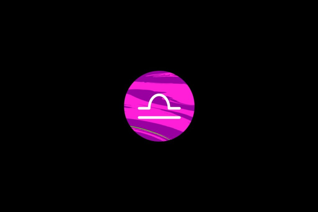 Ilustração do signo de libra, dentro de um círculo rosa, sobre um fundo preto
