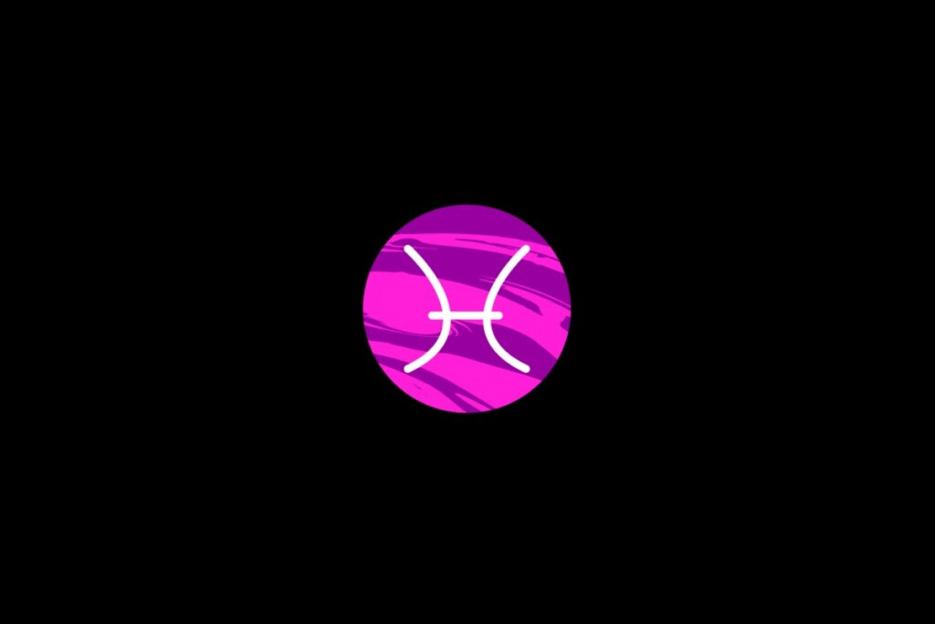 Ilustração do signo de peixes, dentro de um círculo rosa, sobre um fundo preto