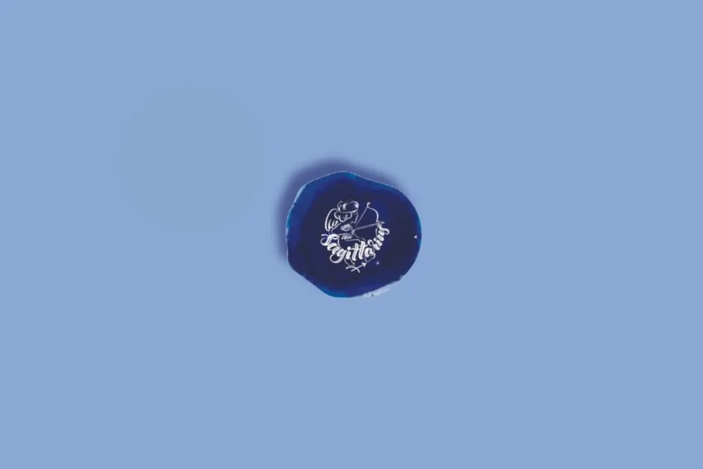 Ilustração do signo de sagitário, dentro de um círculo azul-escuro, em um fundo azul-claro