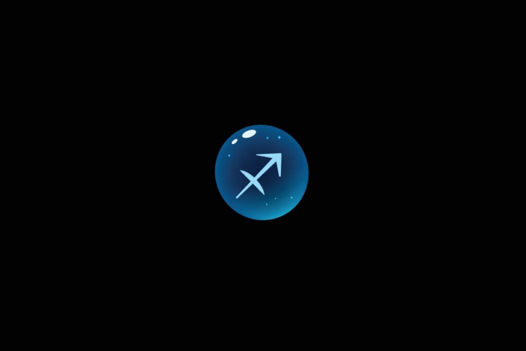 Ilustração do signo de sagitário dentro de uma bolha azul sobre um fundo preto