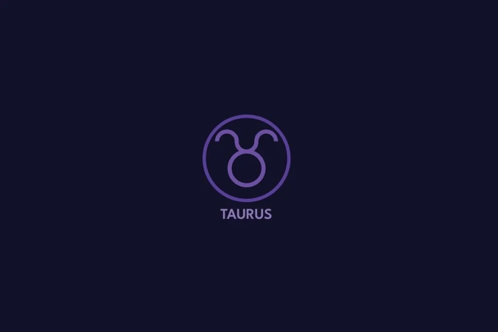 Ilustração do signo de touro na cor roxa, com círculo roxo ao redor e o nome do signo abaixo, sobre um fundo roxo