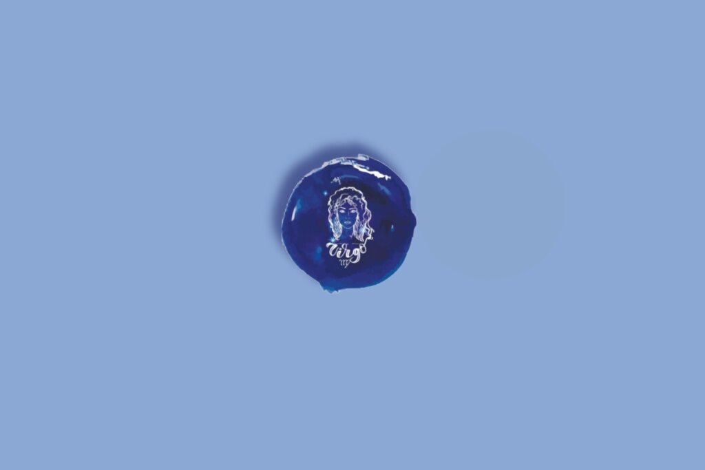Ilustração do signo de virgem, dentro de um círculo azul-escuro, em um fundo azul-claro