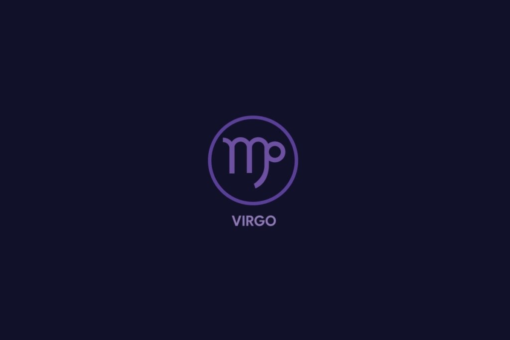 Ilustração do signo de virgem na cor roxa, com círculo roxo ao redor e o nome do signo abaixo, sobre um fundo roxo