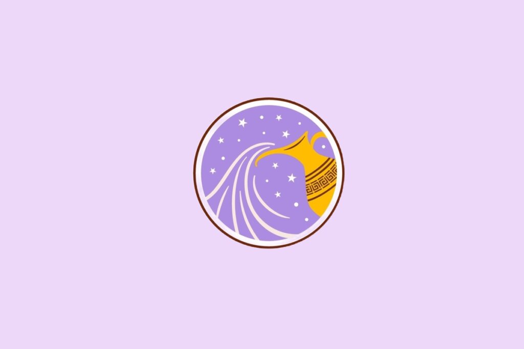 Ilustração do signo de Aquário, com jarro vertendo água em fundo lilás