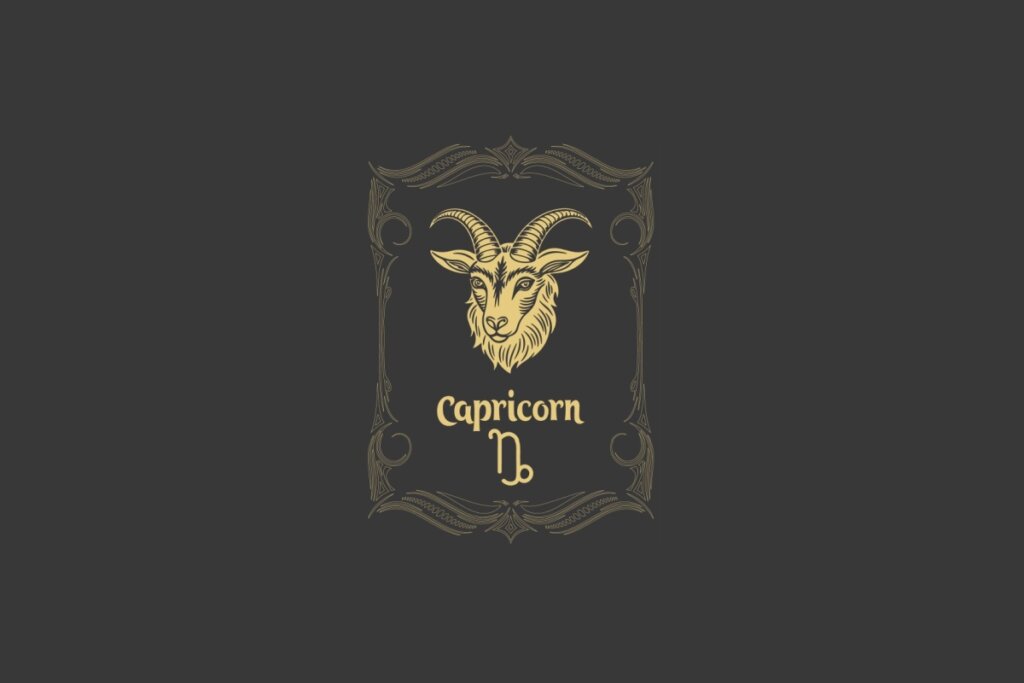 Ilustração do signo de Capricórnio com a cabeça de uma cabra dourada estilizada, cercada por uma moldura detalhada em fundo cinza-escuro