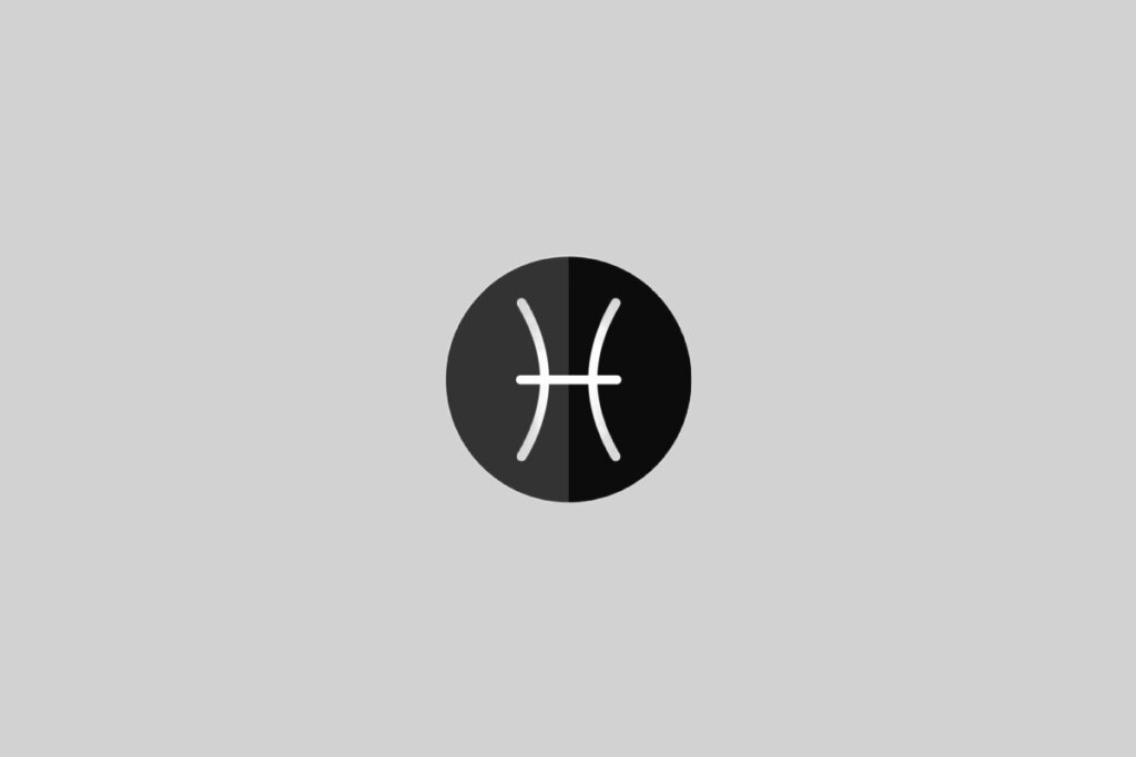 Ilustração do signo de Peixes, contendo duas linhas curvas brancas voltadas para fora, unidas por um traço horizontal branco, sobre fundo cinza com círculo preto dividido ao meio em dois tons