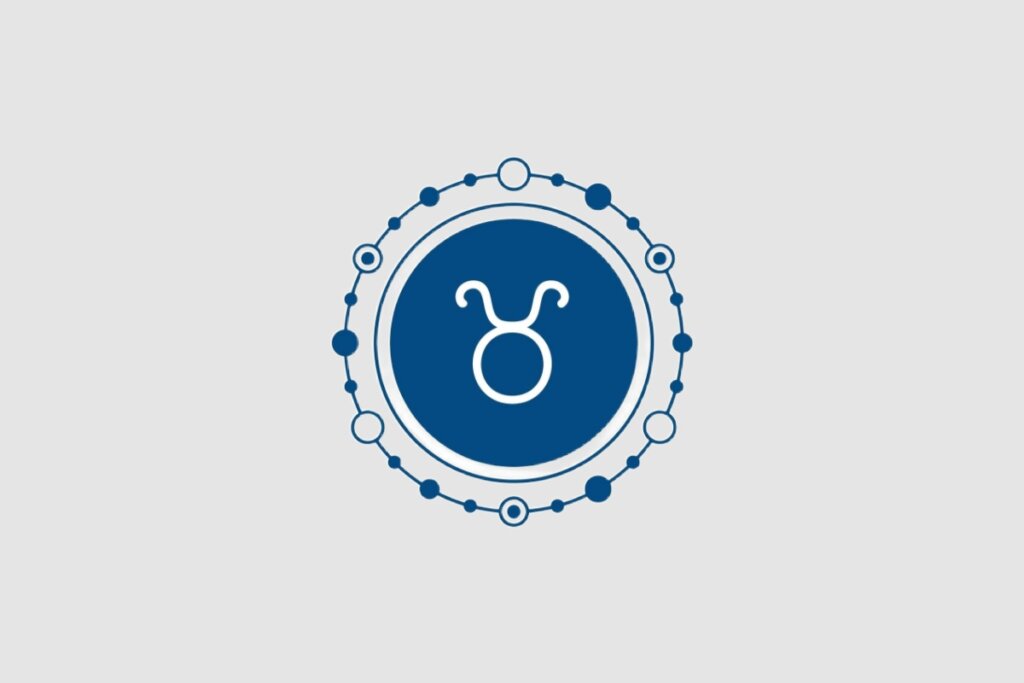Ilustração do signo de Touro, com símbolo branco representando a cabeça de um touro com chifres, sobre fundo azul-escuro e contorno circular decorativo