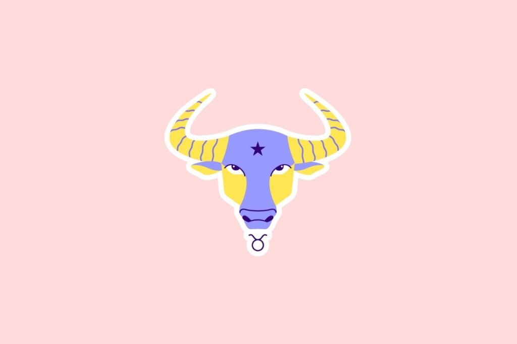 Ilustração do rosto de um touro em amarelo e roxo com chifres listrados e o símbolo de Touro abaixo, sobre fundo rosa-claro